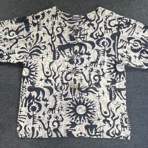 Vintage Abstract Tribal Print Shirt Frog Button Closure L Linen Blend Y2K